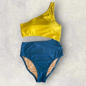 J.Crew Women's One Shoulder Cutout One Piece Swimsuit Yellow Green Colorblock 10